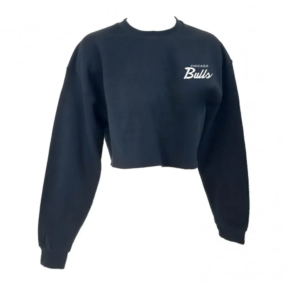 CHICAGO BULLS Double Script Logo BLACK Cropped Crop Top Crewneck Sweatshirt y2k - Picture 2 of 6